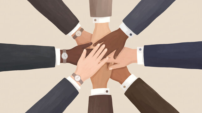 Diverse hands joining in a collaborative high five illustration representing teamwork unity and partnership with a neutral background