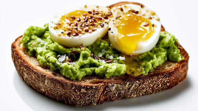 Avocado toast with softboiled egg and seeds on sourdough bread isolated on white background