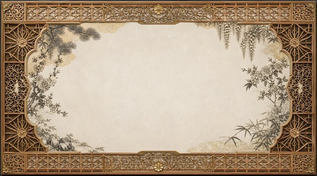 Japanese Kumiko Wooden Lattice Frame Floral Wisteria Vintage Engraving Background