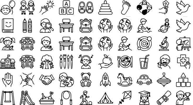 World Children & Education Line Icons Set &ndash; Kids, School, Learning, Play, Health & Childhood Outline Vector Icons