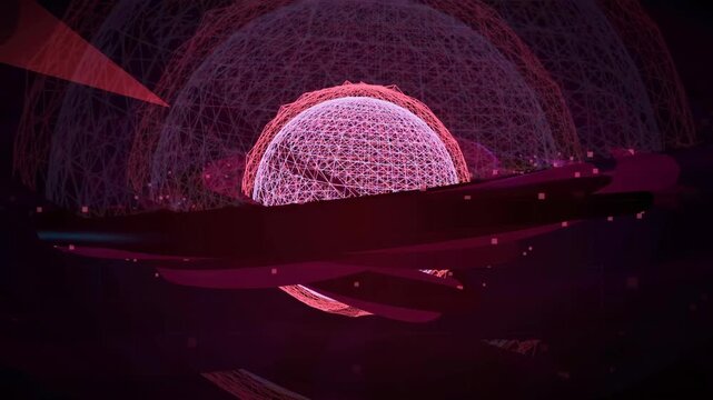 Abstract futuristic digital landscape with glowing pink geometric shapes and floating particles in dark space