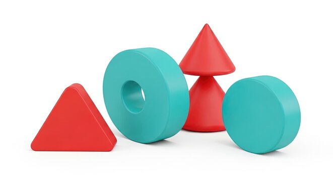 Set of clean, modern, abstract geometric shapes in red and teal, isolated on a white background.