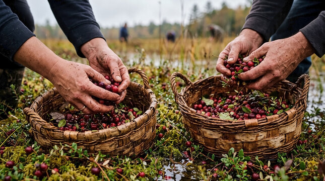 Hands gathering ripe red cranberries into woven baskets. Farmers harvesting fresh berries in a shallow wetland bog during autumn