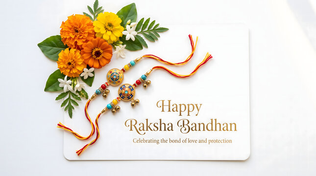 Happy Raksha Bandhan Greeting Card Decorative Rakhi with Marigold Flowers Bond of Love and Protection