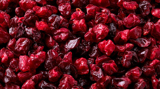 Closeup of dried cranberries, vibrant red texture background, healthy snack, organic food, dried fruit, sweet and tart, culinary ingredient, food photography