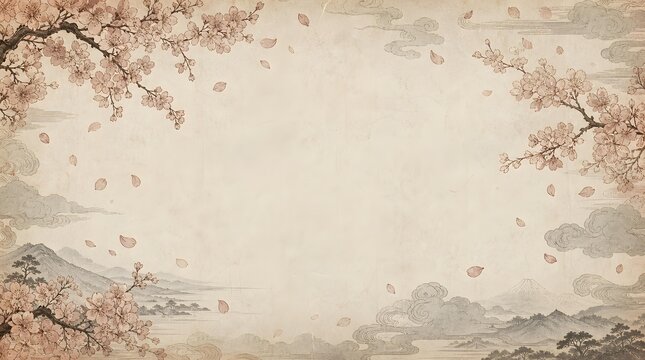 Japanese Sakura Cherry Blossom Mount Fuji Landscape Vintage Engraving Background