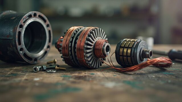 Disassembled electric motor components with copper windings and metal housing parts laid out on a workshop workbench surface