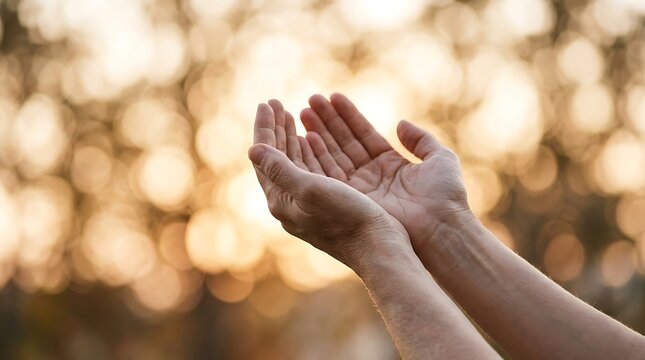 Hands raised in prayer or meditation with soft golden sunlight filtering through trees