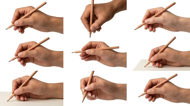 Set of human hands holding a wooden pencil in different positions for writing drawing and sketching on paper