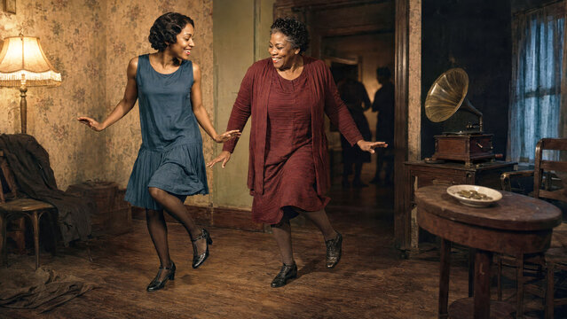 Two Generations of Black Women Dancing Charleston at a 1920s Harlem Rent Party to Raise Rent Money