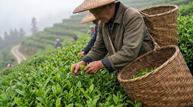 Experienced tea harvester picking tender leaves by hand on a misty mountain slope. Person wearing a conical hat collecting green tea into a woven basket. Traditional agriculture