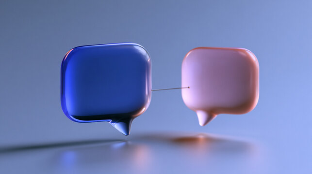 Two chat bubbles, one blue and one pink, connected by a thin line, symbolizing communication and conversation. AI generative