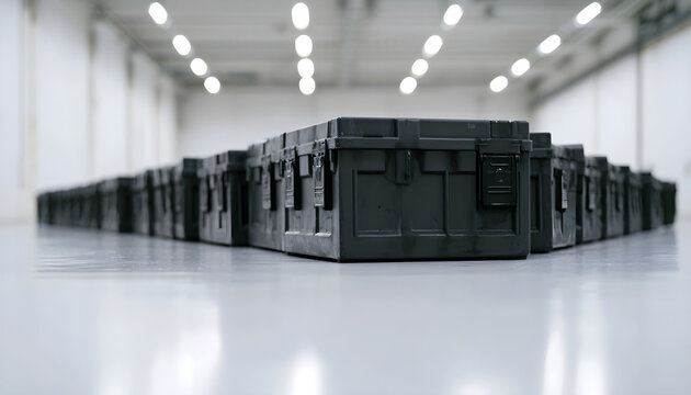 An uneven row of black plastic military ammunition storage boxes slowly move towards the camera, reflecting on the shiny white floor.
