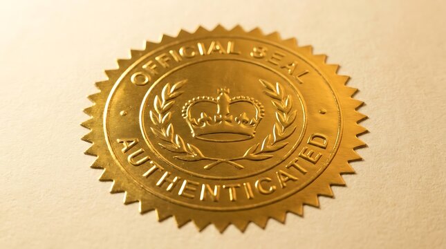 Shiny golden seal of authenticity with a crown symbol for official documents and certified product quality approval