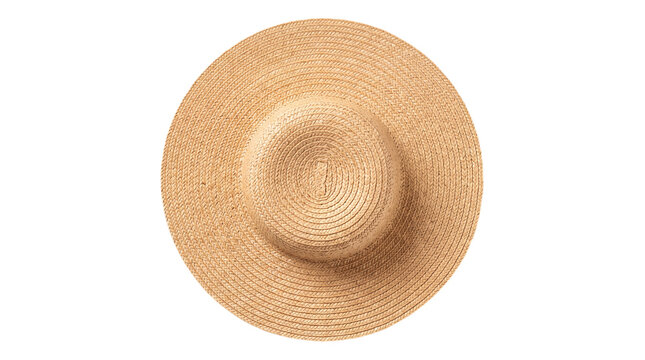 Natural woven straw sun hat top view isolated as transparent PNG, wide brim summer beach accessory with braided texture and casual vacation style