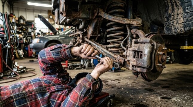 A professional mechanic working on the suspension and brake system of a vehicle inside a cluttered automotive repair workshop