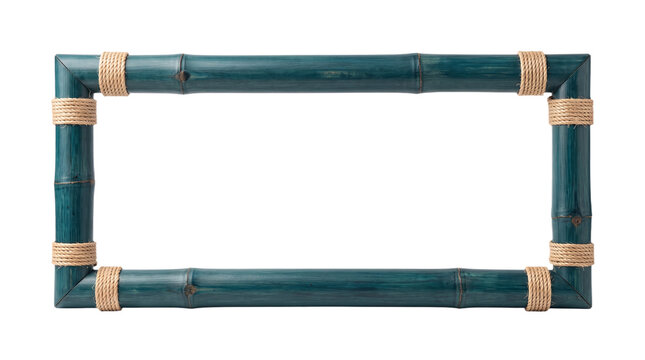 Blue bamboo rectangular frame with rope bindings, tropical rustic border isolated as transparent PNG cutout for design, signage, banner or poster mockup