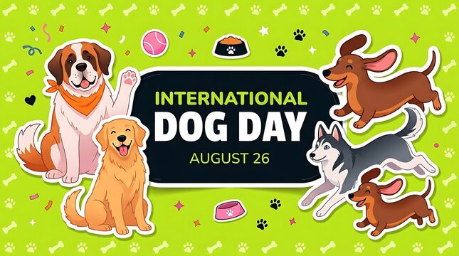 International Dog Day celebration with diverse cartoon dogs and paw prints on green background