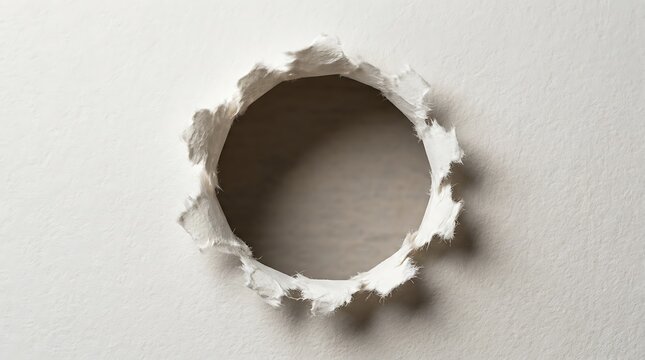 A circular hole torn through a rough white paper texture showing a dark empty space in the middle of the surface