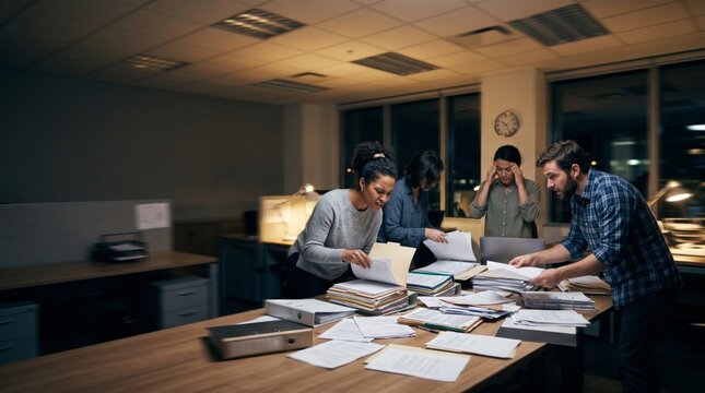 Stressed office team searching through piles of documents while working overtime on an urgent deadline