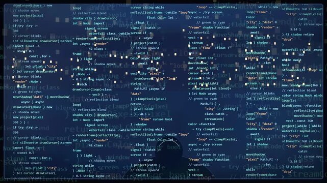 Abstract digital background with scrolling computer code and data streams on a dark blue screen