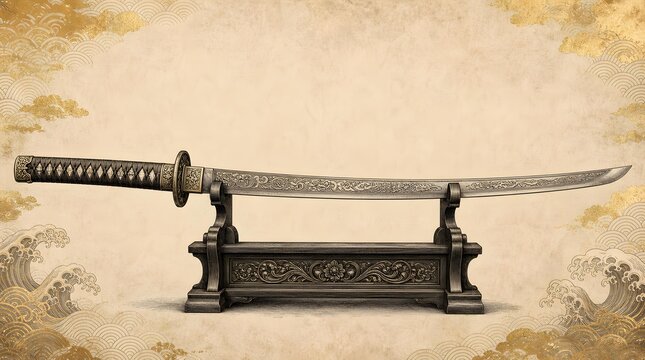 Japanese Samurai Katana Sword Stand Ocean Waves Vintage Engraving Background