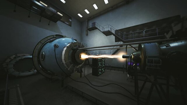Fusion prototype chamber under intense diagnostic test with magnetic coils, glowing core and containment seals, technicians absent but instrumentation active,