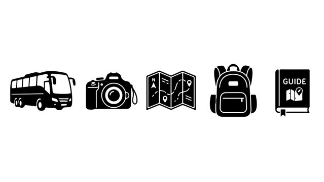 Flat design icons of a bus, camera, suitcase, and ticket arranged in a row with a bold label for field trip essentials.