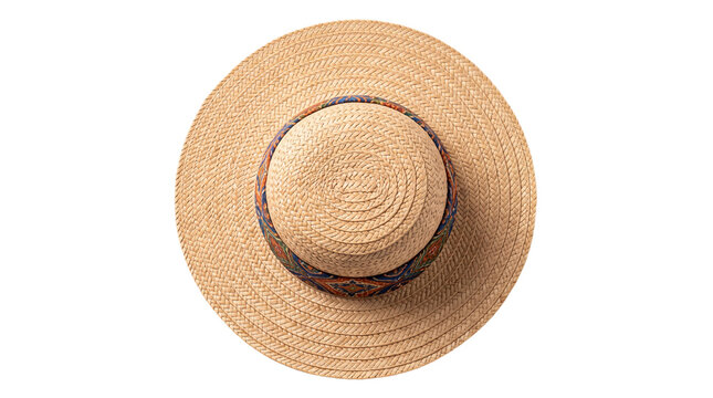 Top view of woven straw sun hat with colorful patterned band, wide brim summer accessory isolated as transparent PNG cutout for travel and beach designs