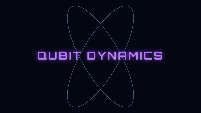 Qubit dynamics quantum computing abstract motion with glowing neon text and orbital energy rings animation 4k