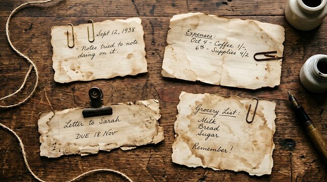 Old vintage paper notes with handwritten text and metal clips on a dark brown wooden table background