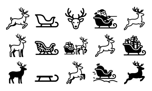 Mixed style reindeer and santa claus icons including outline and solid vectors