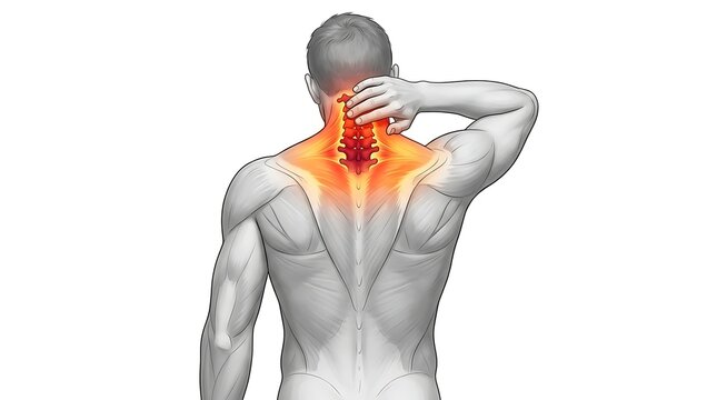 Man experiencing severe upper back pain highlighted with red inflammation area on spine