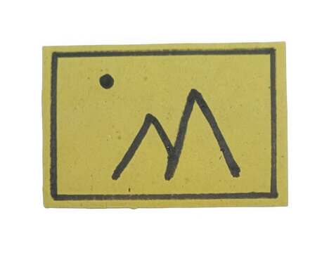 Simple image icon with mountain and sun symbol on yellow rectangle isolated on transparent background