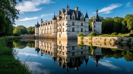 Obraz premium Historic Chenonceau chateau stands beside calm river in Loire valley France. Majestic white stone castle reflects on water surface during sunny summer day. Scenic landscape features green trees,