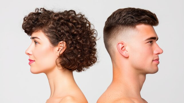 Profile view of a curly-haired woman and a short-haired man standing back to back against a plain white background.