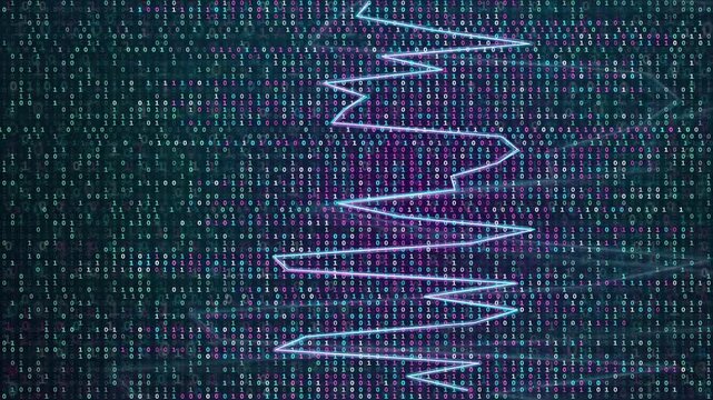 Abstract digital data visualization with glowing waveform line moving over a binary code background
