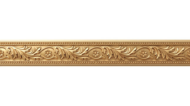 Ornate gold decorative border with acanthus leaves, floral relief and beaded trim, isolated transparent PNG for luxury frame, molding and banner design