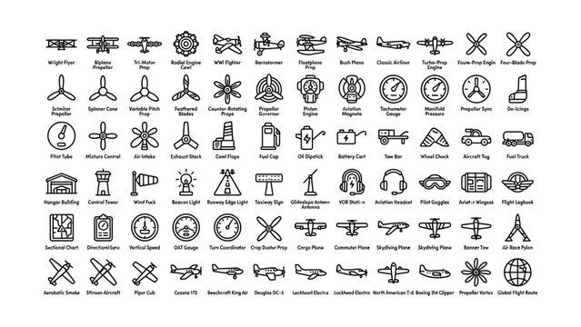 Collection of vintage aviation icons featuring various aircraft types and aviation equipment with transparent backgrounds
