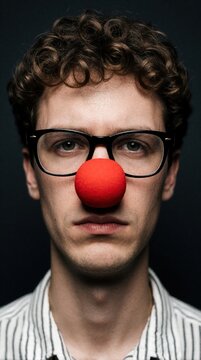 Young man with curly hair wears glasses, red foam clown nose. Guy with serious facial expression looks into camera against dark background. Portrait of person acting like funny character for fun