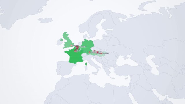 Train Journey Across Europe on Light Map, London Paris Munich Vienna Budapest Railway Animated Motion Graphics Seamless Loop, 4K