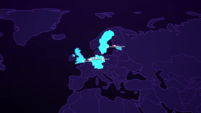 European Tech Capitals on Cyber Map, London Amsterdam Berlin Stockholm Tallinn Animated Startup Motion Graphics Seamless Loop, 4K