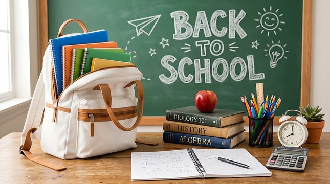 Back to school supplies and backpack on wooden desk with chalkboard background