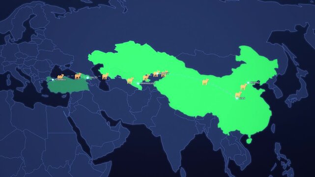 Historic Silk Road Camel Caravan on Map, Istanbul Samarkand Xian Beijing Animated Trade Route Motion Graphics Seamless Loop, 4K