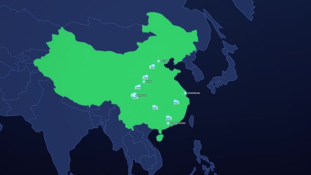 China Mega Cities High Speed Rail on Neon Map, Beijing Xian Chengdu Shanghai Animated Motion Graphics Seamless Loop, 4K