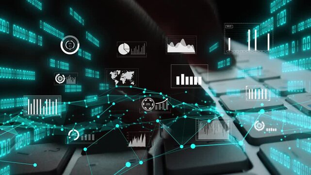 A hand is seen engaging with a keyboard, surrounded by various digital graphs and data visualizations, highlighting the fusion of technology and analytics in modern workspaces. Xenic