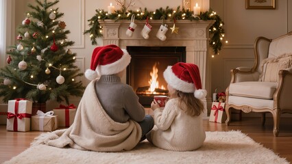 Obraz premium Two children wearing Santa hats sit on a rug by a cozy fireplace, surrounded by Christmas decorations, a tree, and wrapped presents in a festive living room setting