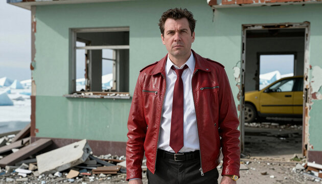 Man in Red Leather Jacket Standing Before Abandoned Building with Icy Landscape