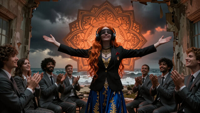 Red-haired woman with headphones stands before luminous mandala portal as audience claps in abandoned coastal building