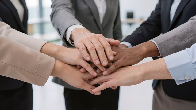 Diverse group of business professionals in formal attire placing hands together in a collaborative gesture, showcasing teamwork and unity in a modern office environment